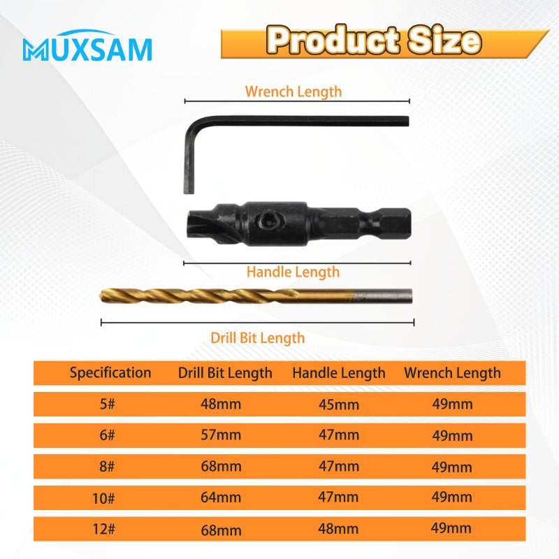 MUXSAM 1/4 inch Hex Shank Countersink Drill Bit Power Tools Accessories for Plastic Metal Woodworking Tool by Power Drill 5Pcs/Set #5#6#8#10#12 (Gold) - Image 2